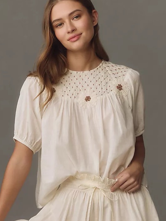 Anthropologie Cream Crochet Yoke Peasant Blouse With Brown Accents